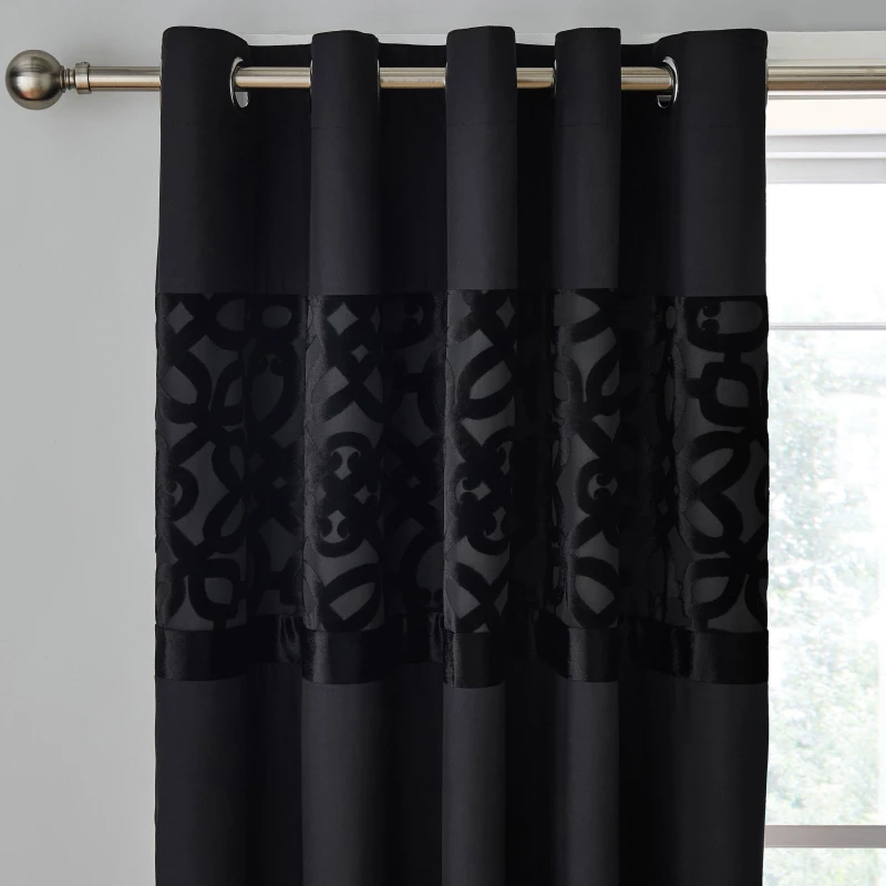 Image of Catherine Lansfield Lattice Cut Velvet Lined Eyelet Curtains Curtains 66x72 Inch Black 42197703002