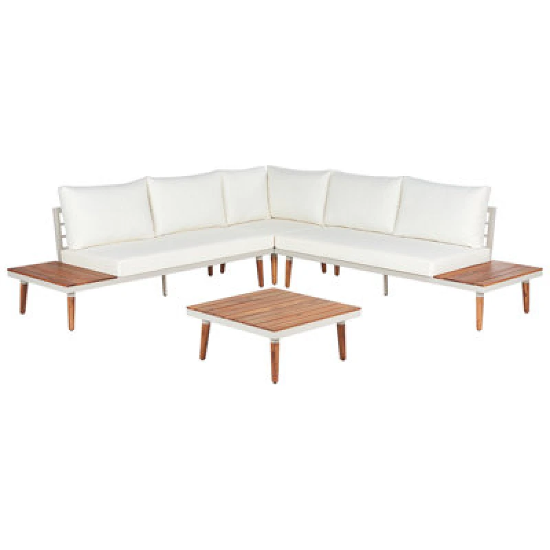 Image of Beliani Garden Corner Sofa With Table 5 Seater Corato Acacia Wood Off-White