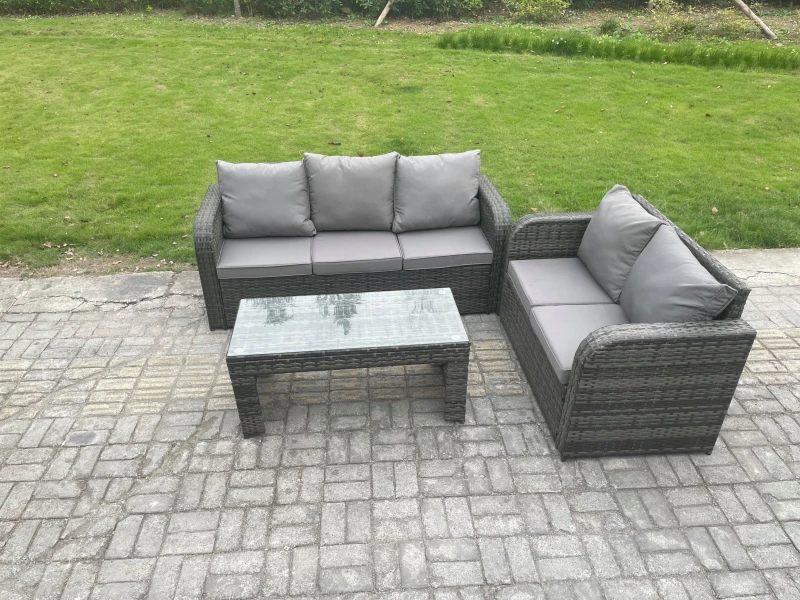 Image of Fimous Outdoor Rattan Garden Furniture Set Patio Lounge Sofa Set with Rectangular Coffee Table Dark Grey Mixed Dark Grey