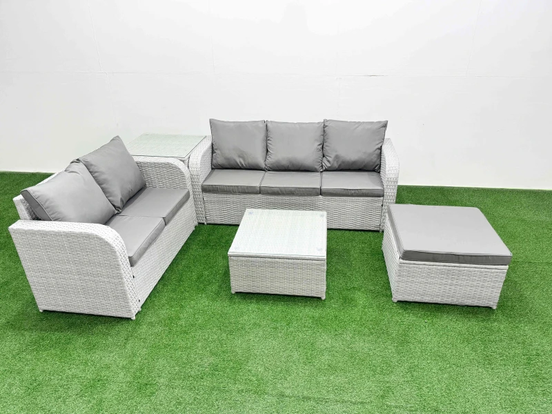 Image of Fimous 6 Seater PE Rattan Wicker Garden Furniture Patio Conservatory Sofa Set with Square Coffee Table 3 Seater Sofa Love Sofa Big Footstool Side Tabl