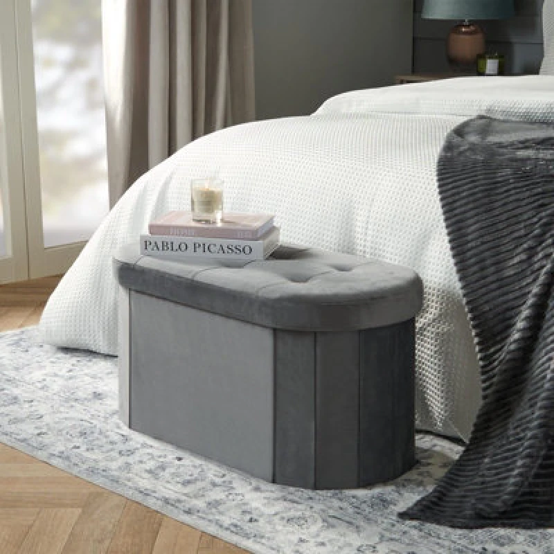 Image of OHS OHS Folding Ottoman Storage Box Footstool Tub Space Saving Velvet Seat, Lozenge in Charcoal Charcoal One Size Unisex 5027434215782