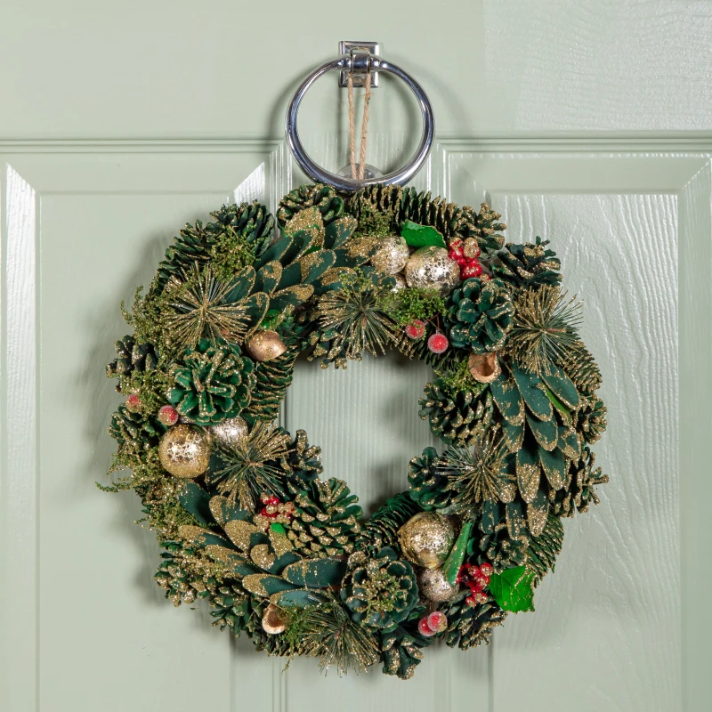 Image of 36cm Bauble and Pinecone Hanging Christmas Wreath with Red Berries
