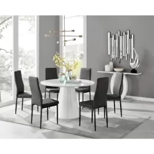 Image of Furniturebox Palma White High Gloss 6 Seat Minimalist Post Modern Round Dining Table & 6 Black Milan Black Leg Faux Leather Chairs