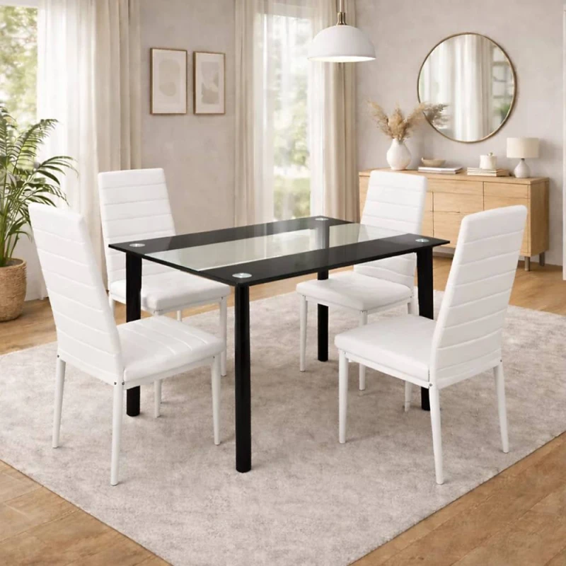 Image of Kosy Koala Black Clear Glass 4 Gem Pattern Faux Leather Padded White Chairs Dining Room Furniture