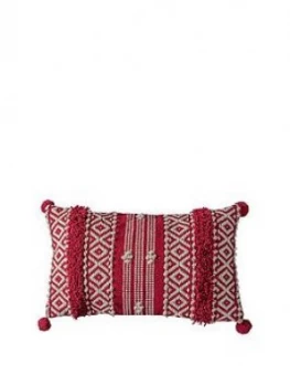 Image of Gallery Diamond Tufted Pom Pom Cushion Red 300X500Mm