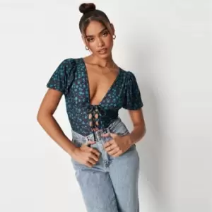 Image of Missguided Up Front Plunge Bodysuit Floral - Black
