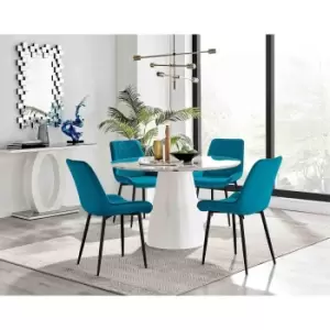 Image of Furniture Box Palma White Marble Effect Round Dining Table and 4 Blue Pesaro Black Leg Chairs