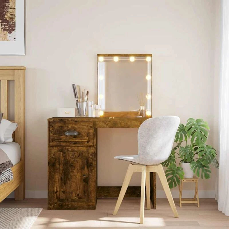 Image of vidaXL Dressing Table with LED Lights Smoked Oak 90x42x132.5 cm, Brown 834975