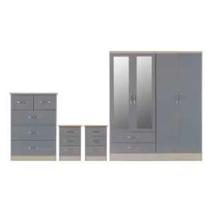 Image of Seconique Nevada 4 Door 2 Drawer Wardrobe Bedroom Set - Grey Gloss/Light Oak Effect Veneer