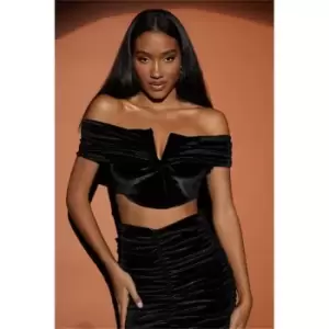 Image of I Saw It First Black Velour Ruched 'V' Bar Bardot Crop Top - Black