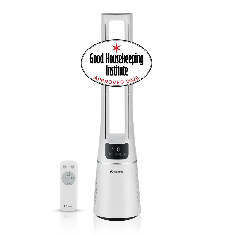 Image of PureMate 2-in-1 Bladeless Tower Fan & air purifier w/ HEPA Filter, 10 Speed Settings, Portable Ultra Quiet Standing Fan w/ Remote Control, Digital Whi