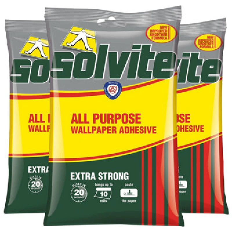 Image of Solvite All-Purpose Extra Strong Wallpaper Adhesive, 3 Sachets (Approx 30 Rolls)