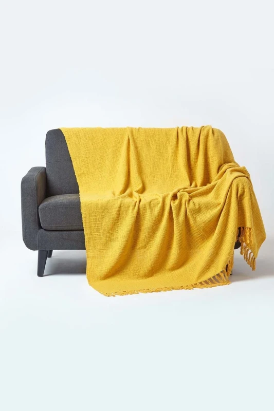 Image of Homescapes Nirvana Slub Cotton Ochre Yellow Throw, 225 X 255 Cm