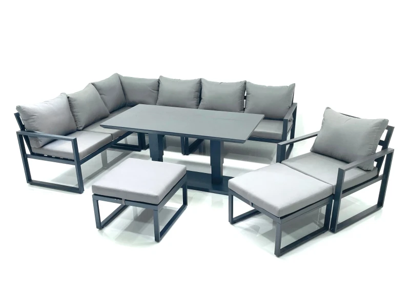 Image of Fimous Aluminum Outdoor Garden Furniture Set Corner Sofa Chair 2 Big Footstools Adjustable Rising Lifting Dining Table Sets Dark Grey Dark Grey Unisex