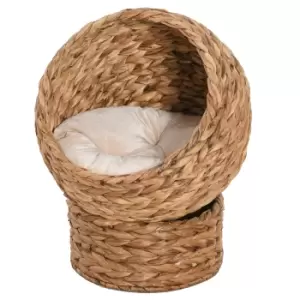 Image of PawHut Wicker Cat Bed, Raised Rattan Cat Basket with Cylindrical Base, Soft Washable Cushion, Brown, 42 x 33 x 52 cm