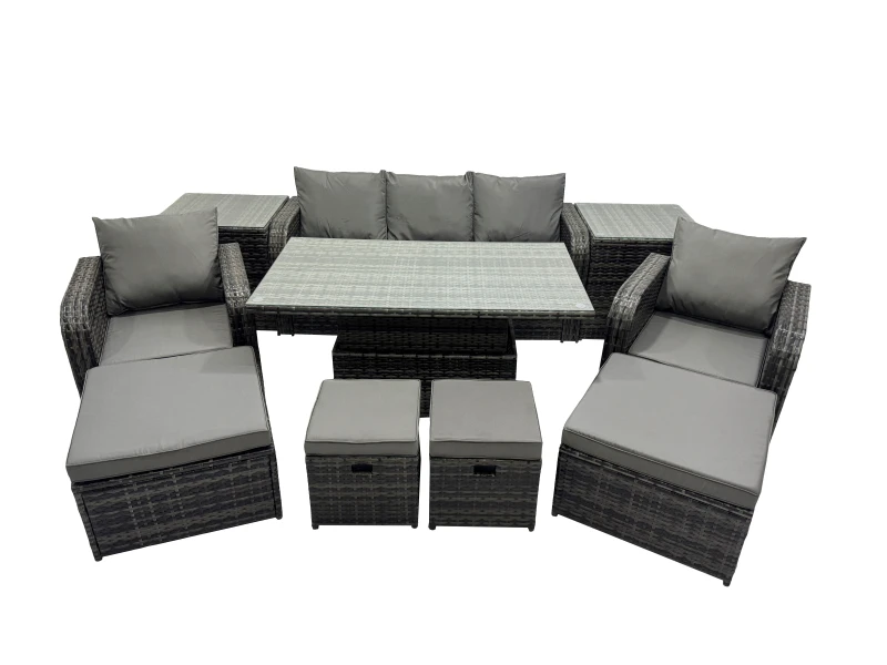 Image of Fimous Rattan Garden Furniture Dining Set with 2 Side Table 2 Big Footstool in Dark Grey Dark Grey Unisex