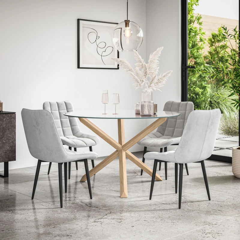 Image of More4Homes Malvern Round Dining Table And Chairs - Clear Glass Table Top W Solid Oak Legs + Nova Velvet Dining Chair Set Of 4 (Grey)