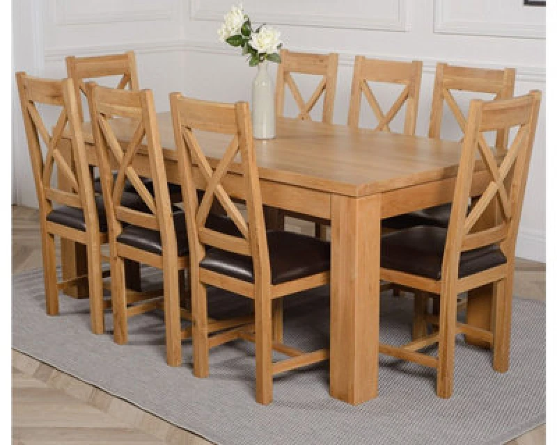 Image of Thats Furniture Dakot 182 x 92cm Oak Dining Table & 8 Berkeley Brown Leather Chairs Size: 182 x 92cm Brown Unisex 182 x 92 cm