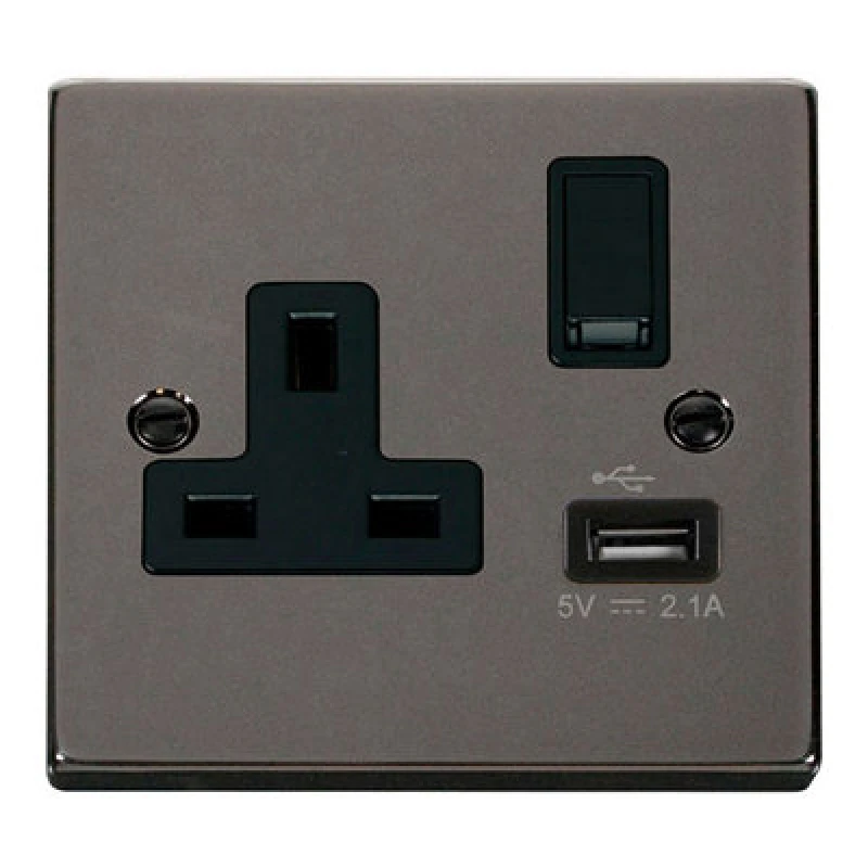 Image of SE Home Black Nickel 1 Gang 13A DP 1 USB Switched Plug Socket Black
