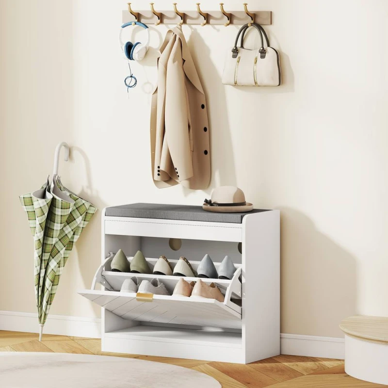 Image of HOMCOM Shoe Bench with 1 Flip Drawer, Cushion, 5 Pairs for Entryway White White Unisex