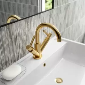 Image of Hudson Reed Tec Lever Cloakroom Mono Basin Mixer Tap Dual Handle with Waste - Brushed Brass