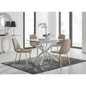 Image of Lira 100 Extending Dining Table and 4 Cappuccino Corona Faux Leather Dining Chairs with Gold Legs Diamond Stitch - Cappuccino