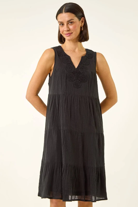 Image of Roman Womens Cotton Trim Detail Smock Dress in Black Size: 16 Black Female 16