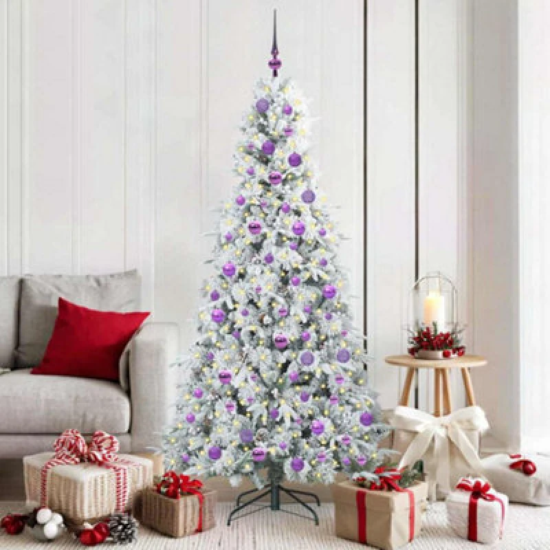 Image of vidaXL Artificial Hinged Christmas Tree with Lilac Balls Snow Flocked Green 180cm PE and PVC, Green 3397490