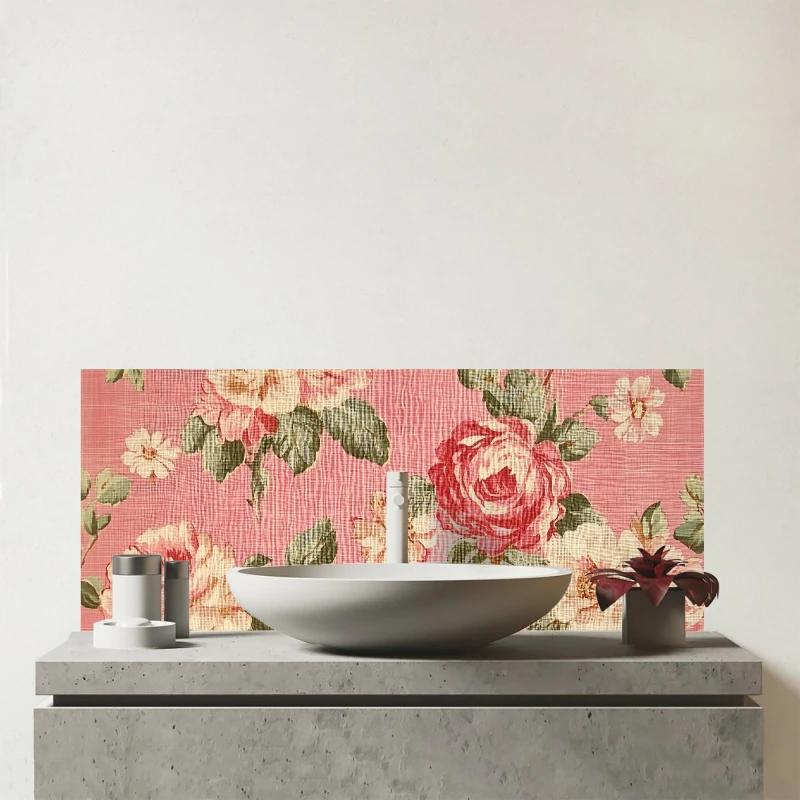 Image of Warren Reed - Designer Vintage Pink Textured Roses Glass Bathroom Splashback Pink Unisex