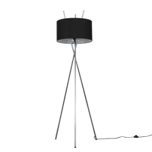 Image of Crawford Chrome Tripod Floor Lamp with XL Black Reni Shade