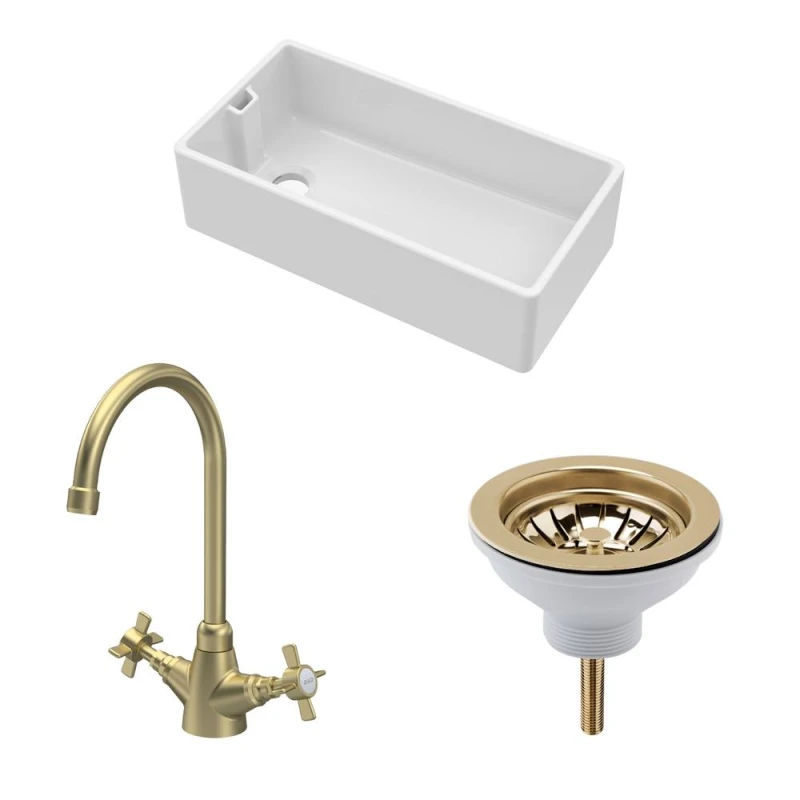 Image of Balterley Fireclay 1 Bowl Belfast Sink Strainer Waste Tap Brushed Brass 895mm in White White Unisex