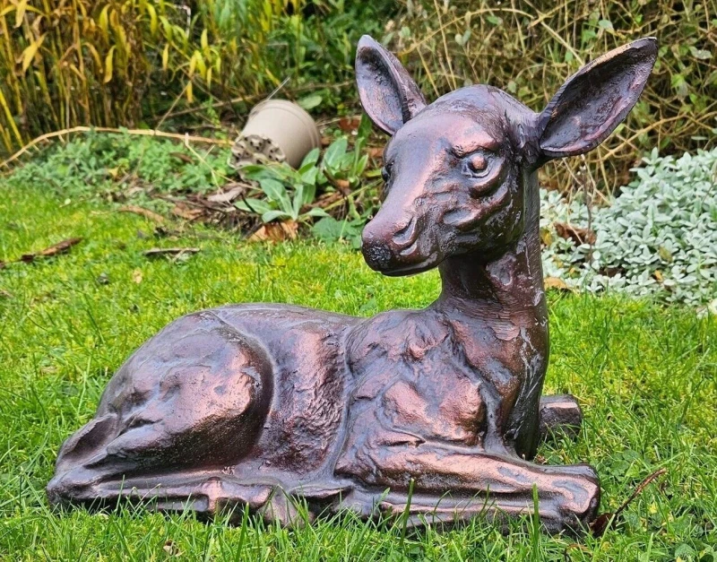 Image of Inspirational Gifting Laying Fawn Garden Sculpture Deer Ornament in Bronze Bronze Unisex