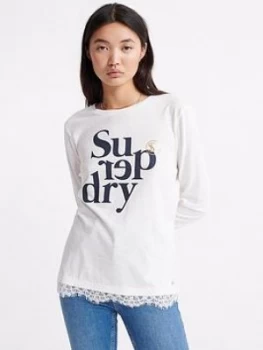 Image of Superdry Tilly Lace Long Sleeve Graphic Top - White, Size 8, Women