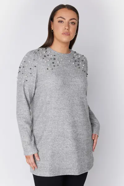 Image of Evans Pearl Embellished Jumper Grey