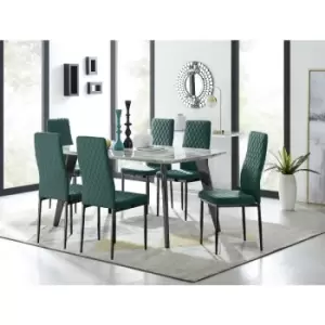 Image of Furniturebox Andria Black Leg Marble Effect Dining Table and 6 Green Velvet Milan Dining Chairs With Black Legs