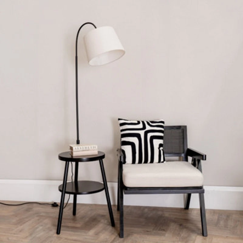 Image of ValueLights Crowther Wooden Side Table Shelved Tripod Floor Lamp with Fabric Shade Black