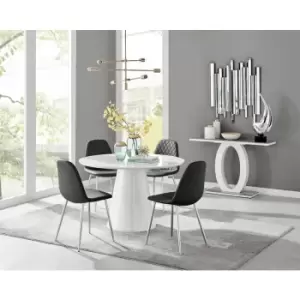 Image of Furniturebox Palma White High Gloss 4 Seat Minimalist Post Modern Round Dining Table & 4 Black Corona Faux Leather Dining Chairs with Silver Legs
