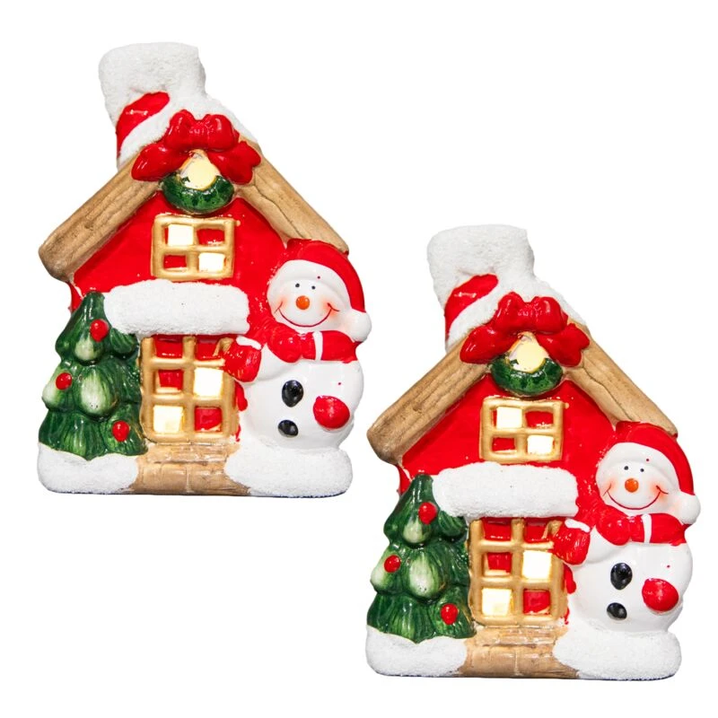 Image of Shatchi 2Pcs Snowman Christmas Resin House Light Up Battery Operated Multi