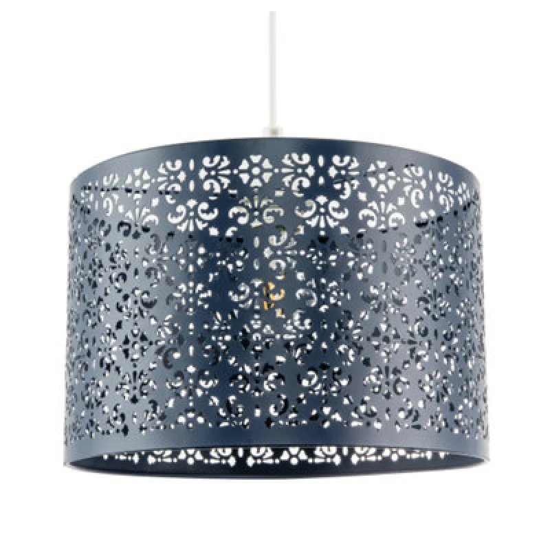 Image of Happy Homewares Midnight Blue Moroccan Metal Pendant Lamp Shade With Floral Decoration