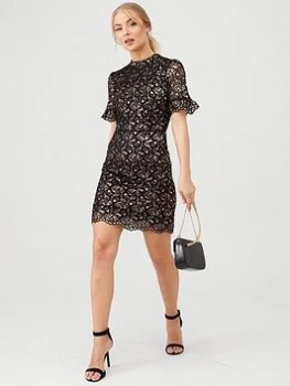 Image of Oasis Metallic Lace Scalloped Dress - Gold, Size 14, Women