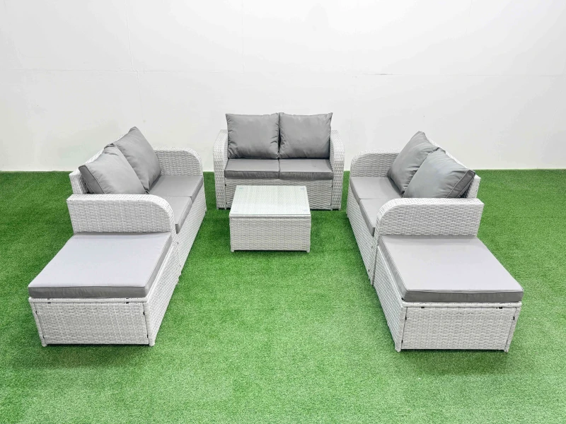 Image of Fimous 8 Seater PE Wicker Rattan Furniture Sofa Sets with Square Coffee Table 2 Seater Love Sofa 2 Big Footstool Light Grey Light Grey