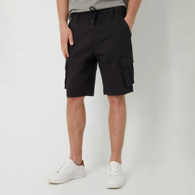 Image of Threadbare 'Frost' Dobby Textured Cargo Shorts With Stretch Black