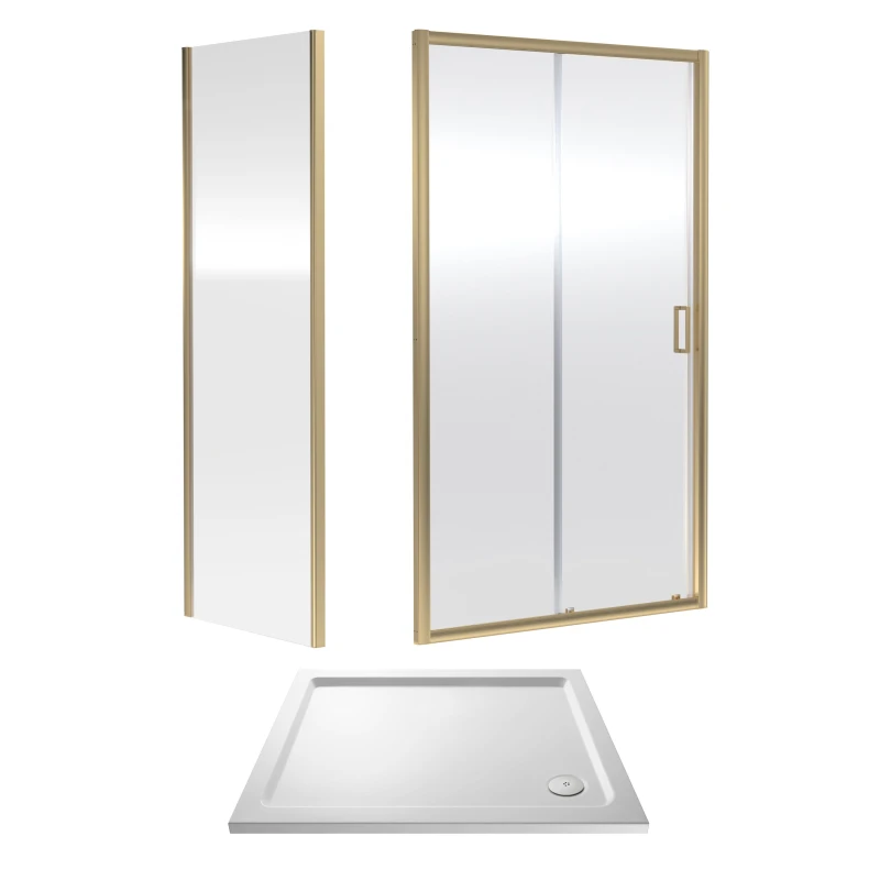 Image of Balterley Sliding Shower Door, Side Panel and Tray 1000x760x1900mm Brushed Brass White
