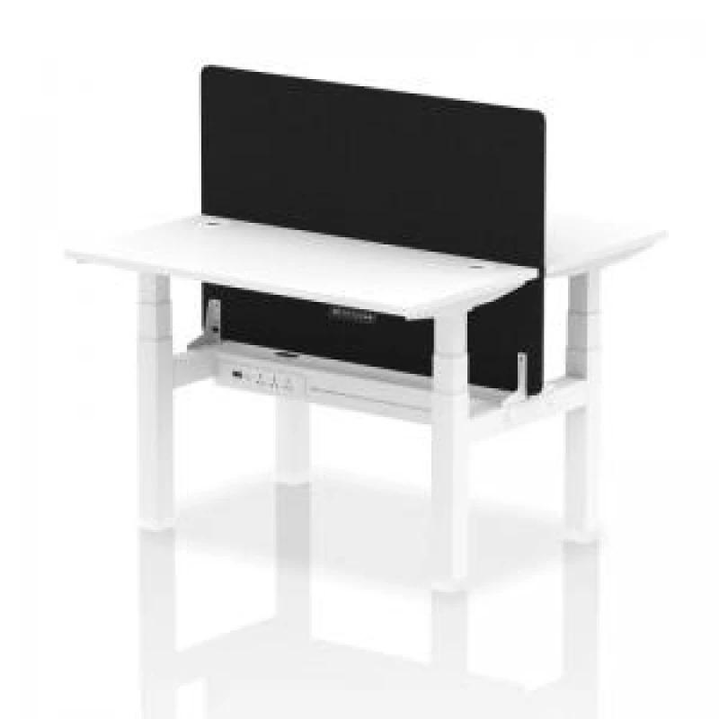 Image of Air Back - to - Back 1200 x 600mm Height Adjustable 2 Person Bench Office Desk White Top - Cable Ports White Frame - Black Straight Screen
