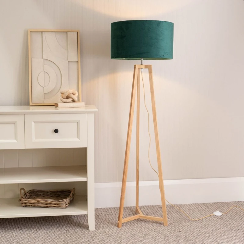 Image of ValueLights Lottie Natural Wood Tripod Floor Lamp with Velvet Drum Shade Green