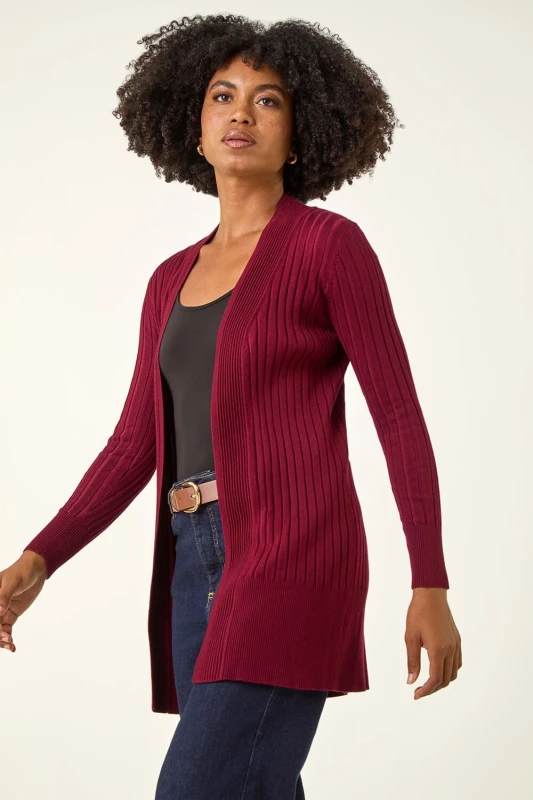 Image of Roman Longline Stretch Ribbed Cardigan Wine