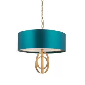 Image of Antique Gold Ceiling Pendant Light & Teal Satin Shade - 3 Bulb Hanging Fitting