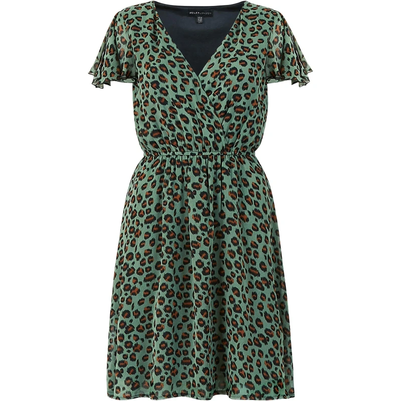 Image of Mela London Mela London Green Animal Print Wrap Skater Dress Green 8