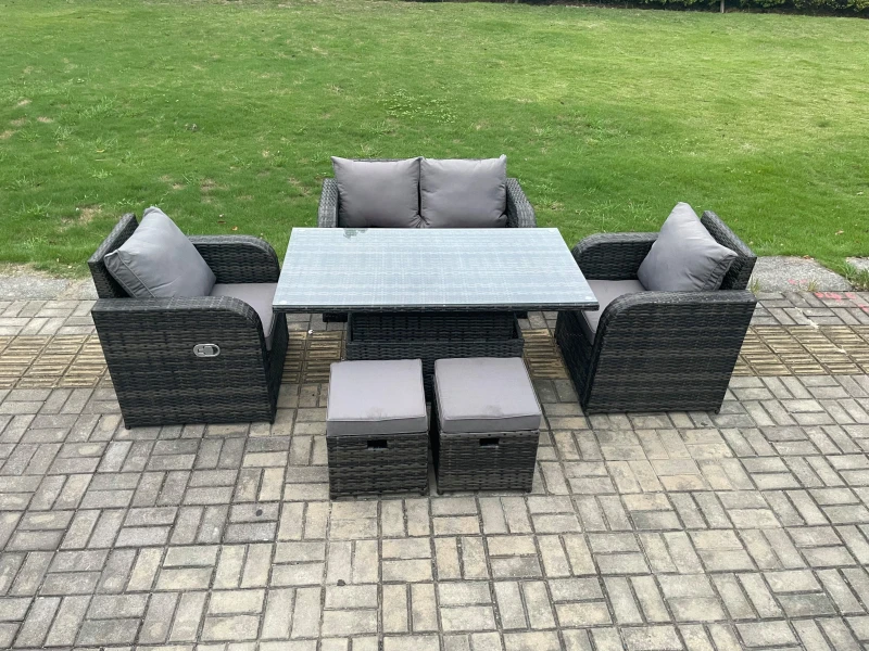Image of Fimous Wicker PE Rattan Furniture Garden Dining Set Outdoor Patio Height Adjustable Rising lifting Table Love Sofa With 2 Small Footstools Dark Grey