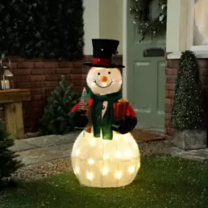 Image of Festive 90cm Battery Operated Lit Snowman Holding Present 50 Warm White LEDs